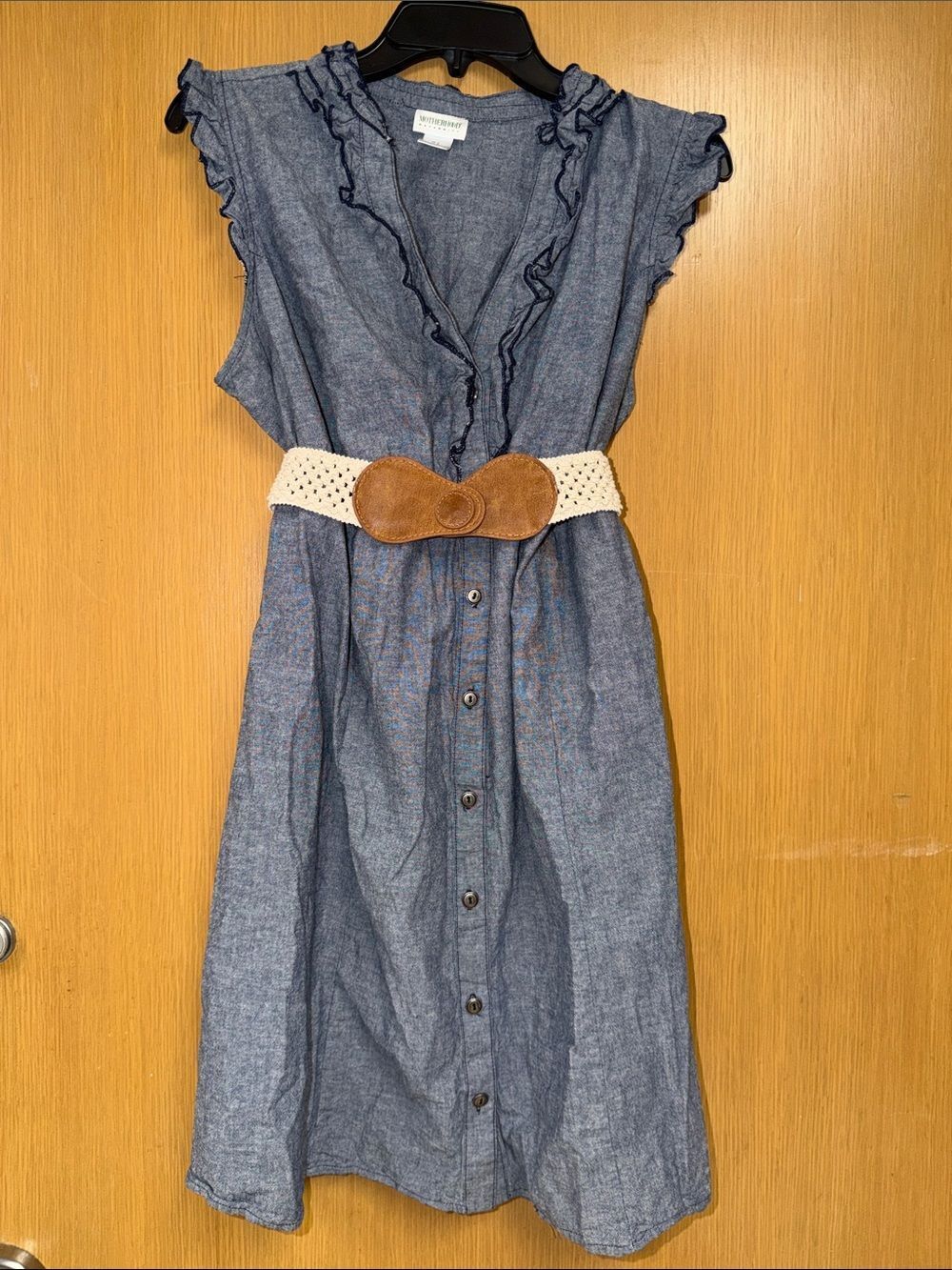 Motherhood Maternity L flutter sleeve ruffle chambray cotton belted shirt dress